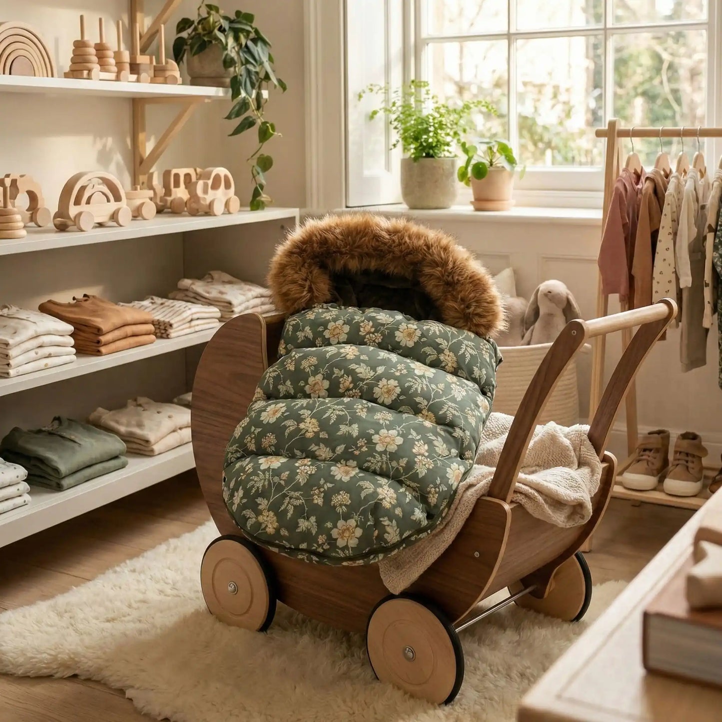 Chancelière poussette bébé vert sauge matelassé, accessoire hiver chaud et coupe-vent compatible