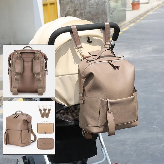 Sac à langer sac à dos beige taupe pour bébé attaché à une poussette, sac de maternité multifonction avec grande capacité et attaches pour poussette.