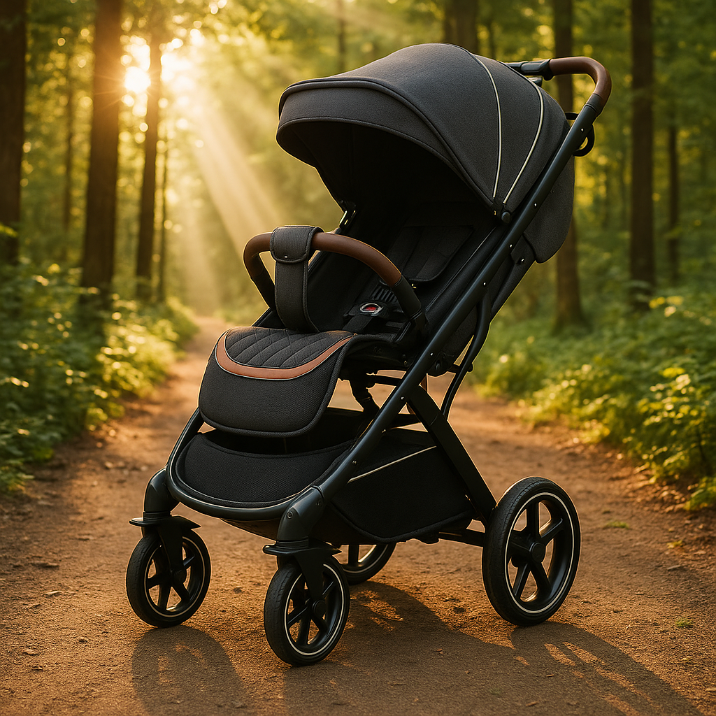 Poussette canne compacte noire moderne avec châssis noir et poignées en cuir, idéale pour les sorties en ville, design élégant et confortable.