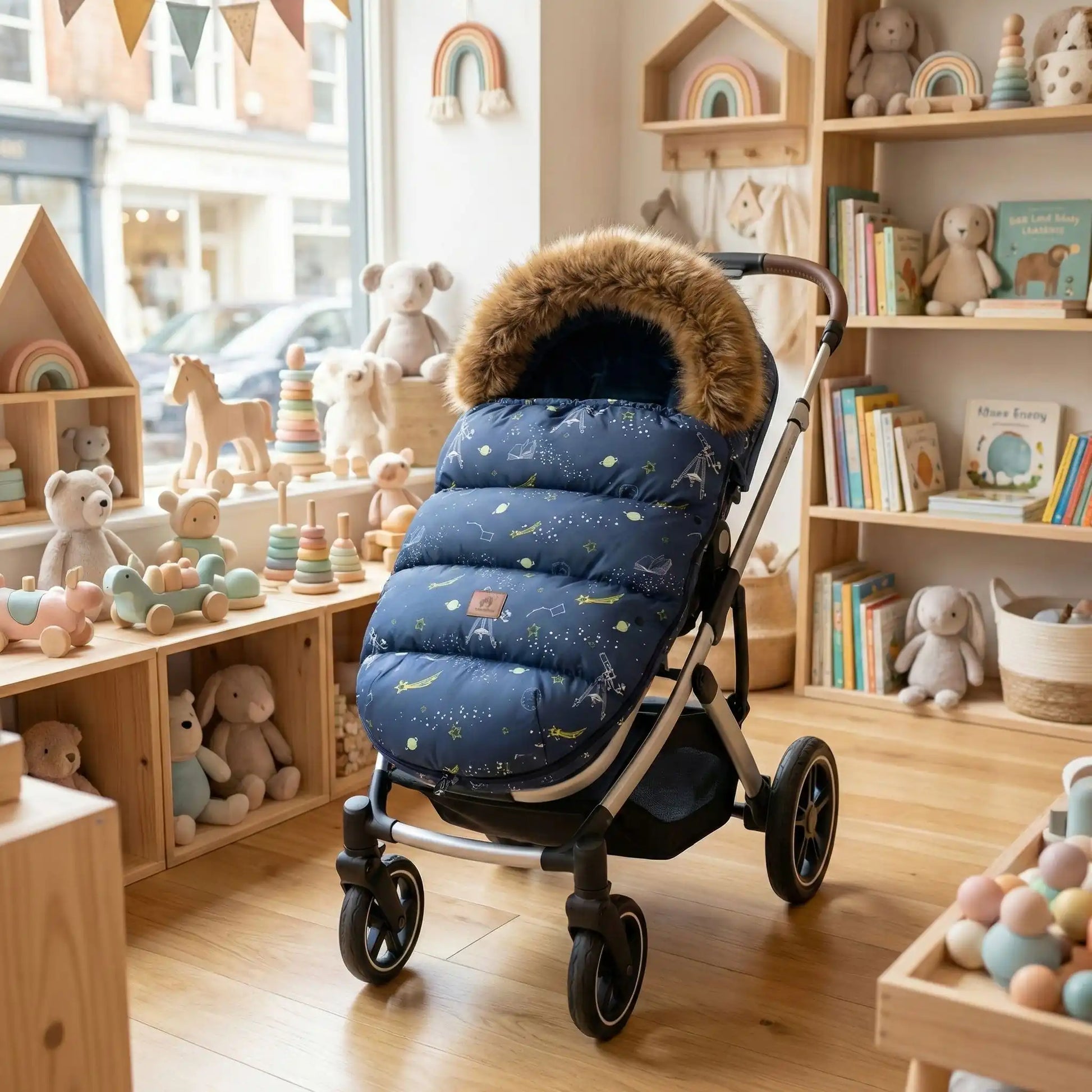 Chancelière poussette bébé bleu marine, modèle hiver matelassé avec capuche en fausse fourrure et isolation thermique.