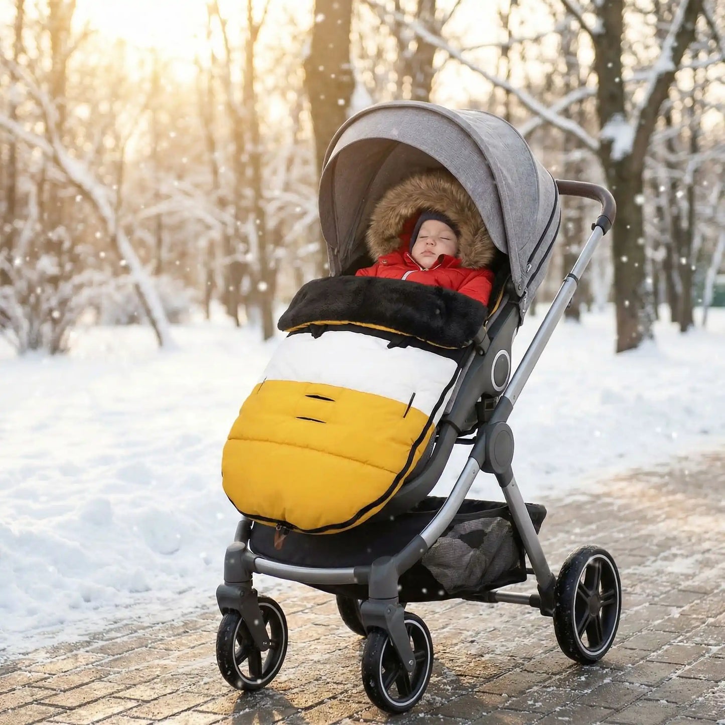 Chancelière bébé poussette jaune moutarde avec une protection thermique hiver pour bébé en promenade.