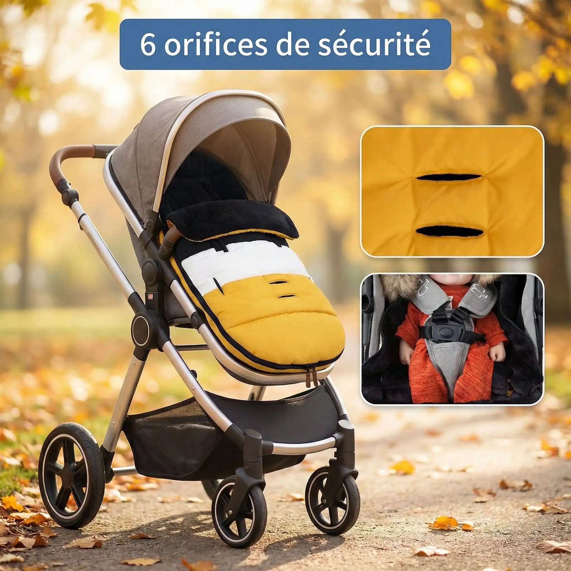 Chancelière bébé poussette jaune moutarde pour poussette avec 6 orifices de sécurité, installée sur une poussette en extérieur.