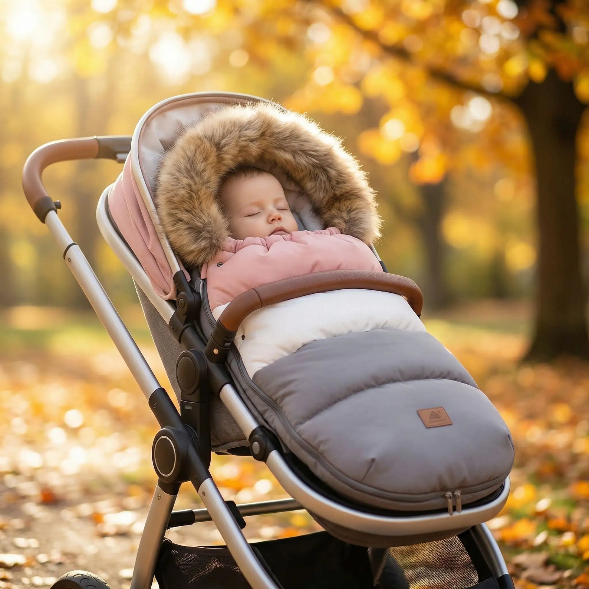 Chancelière bébé poussette grise universelle hiver avec un bébé confortablement installé au chaud.