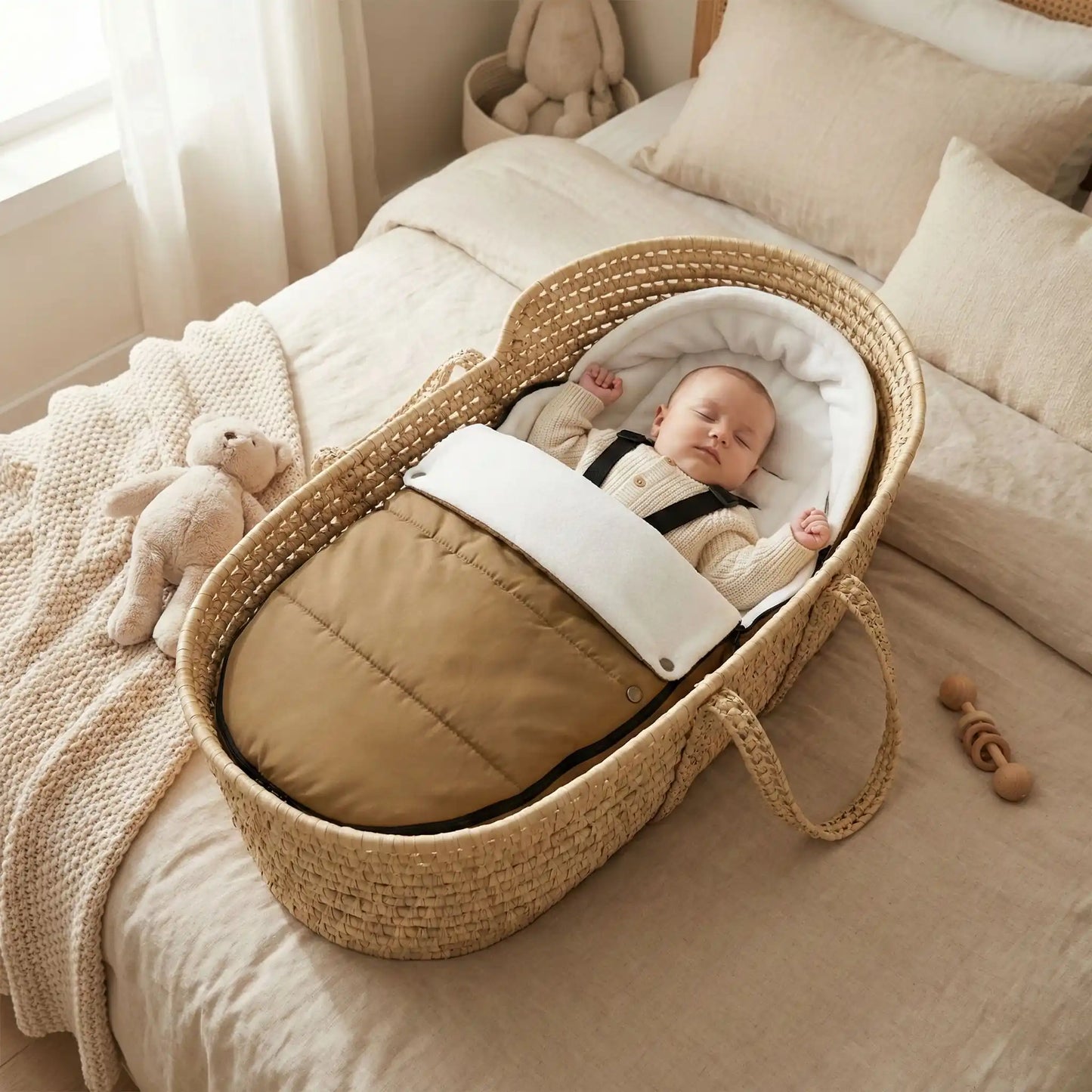 Chancelière poussette beige sable en maille tricotée avec doublure intérieure blanc cassé ultra douce. Idéale pour garder bébé au chaud en automne et en hiver. Compatible avec la plupart des poussettes et couffins, elle offre confort, chaleur et élégance naturelle.