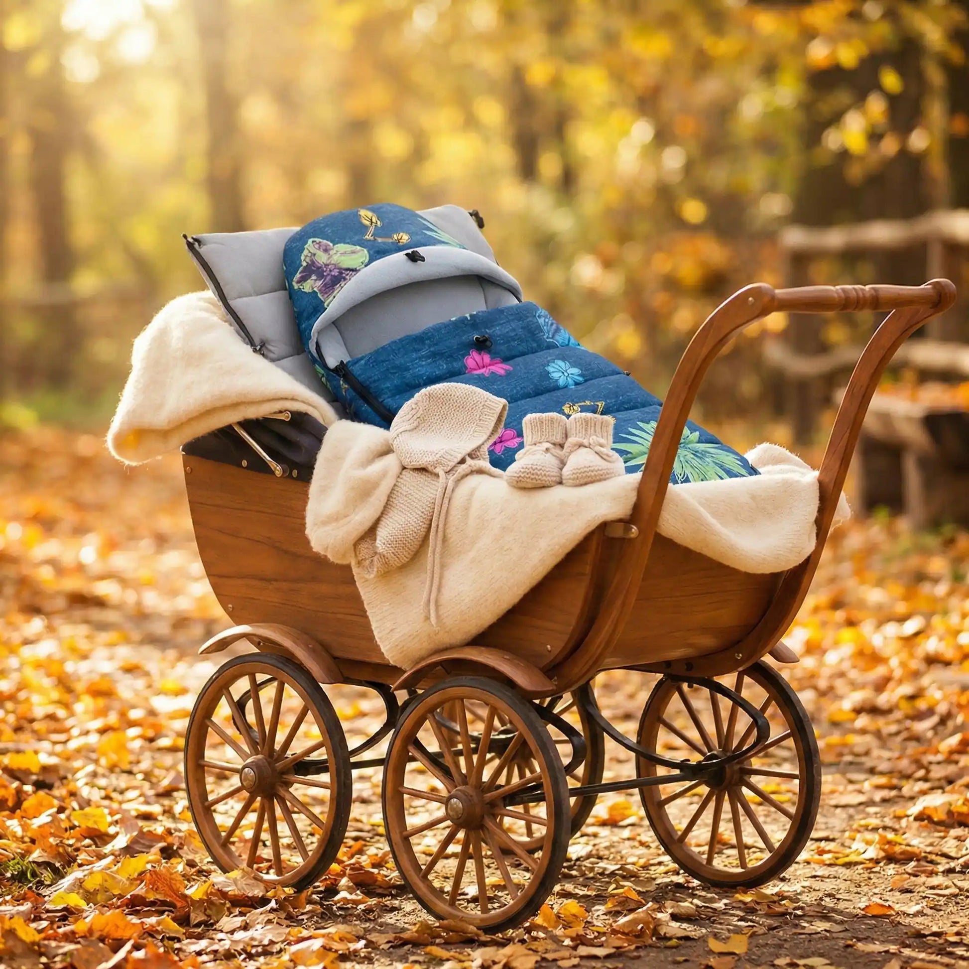 Chancelière pour poussette bleue à motifs, cocon thermique d'hiver avec doublure polaire, protection coupe-vent et imperméable pour bébé.