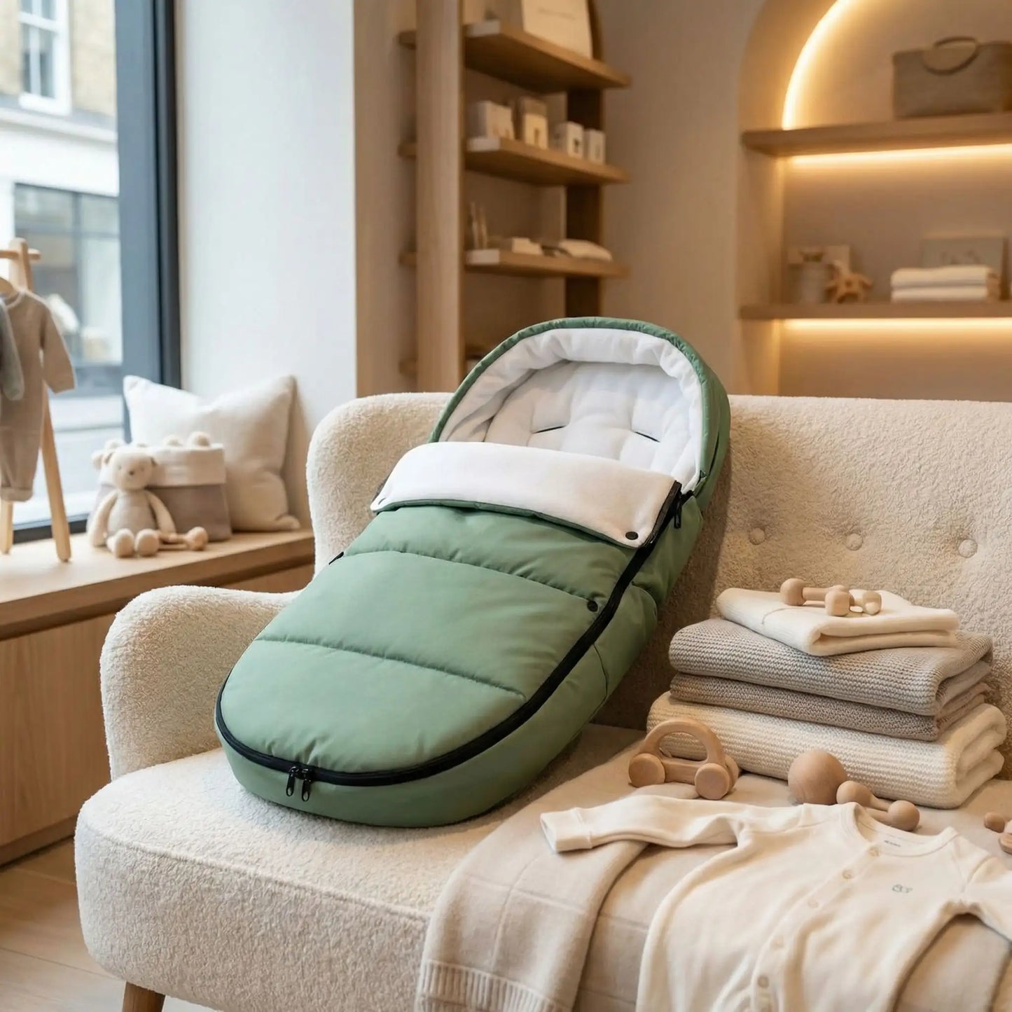 Chancelière pour poussette vert sauge tendance avec doublure écru douce. Idéale pour les promenades automnales, elle combine confort thermique, design moderne et protection optimale contre les températures fraîches.