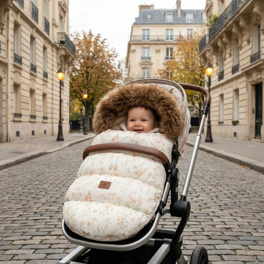 Bébé dans une chancelière poussette bébé d’hiver beige à motifs, doublure chaude et capuche fourrée, protection coupe-vent en ville.