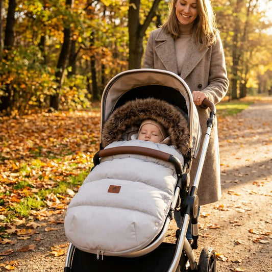 Maman poussant une poussette avec chancelière beige imperméable pour bébé dans un parc automnal, protection optimale contre le froid.