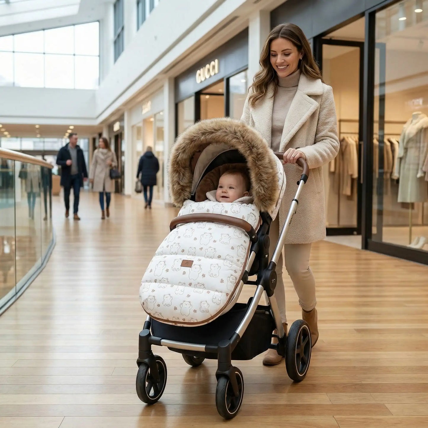 Chancelière poussette beige élégante et chaude, universelle, tissu déperlant, intérieur polaire, idéale pour sorties hivernales avec bébé.