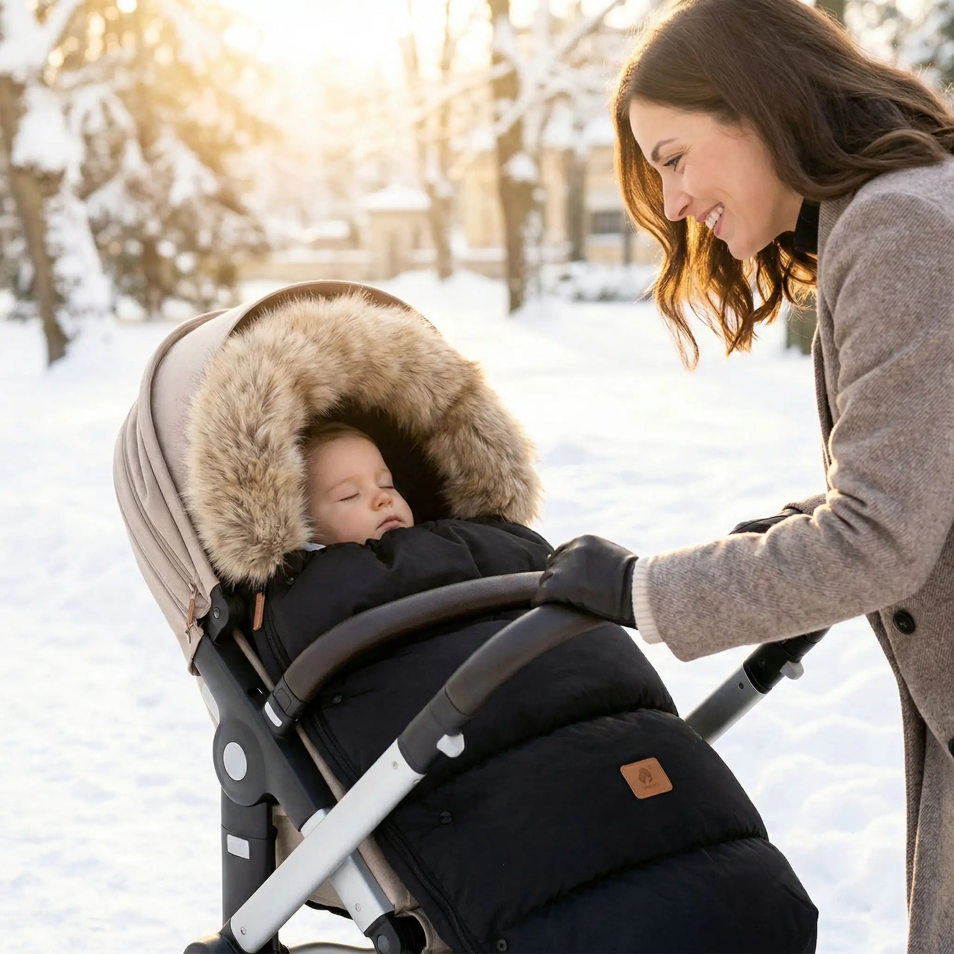 Chancelière poussette noire universelle avec doublure chaude et capuche en fausse fourrure pour protection optimale contre le froid.