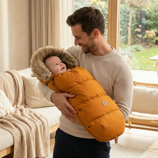 Chancelière poussette bébé orange matelassée avec capuche en fausse fourrure, idéale pour l’hiver et les sorties au chaud.
