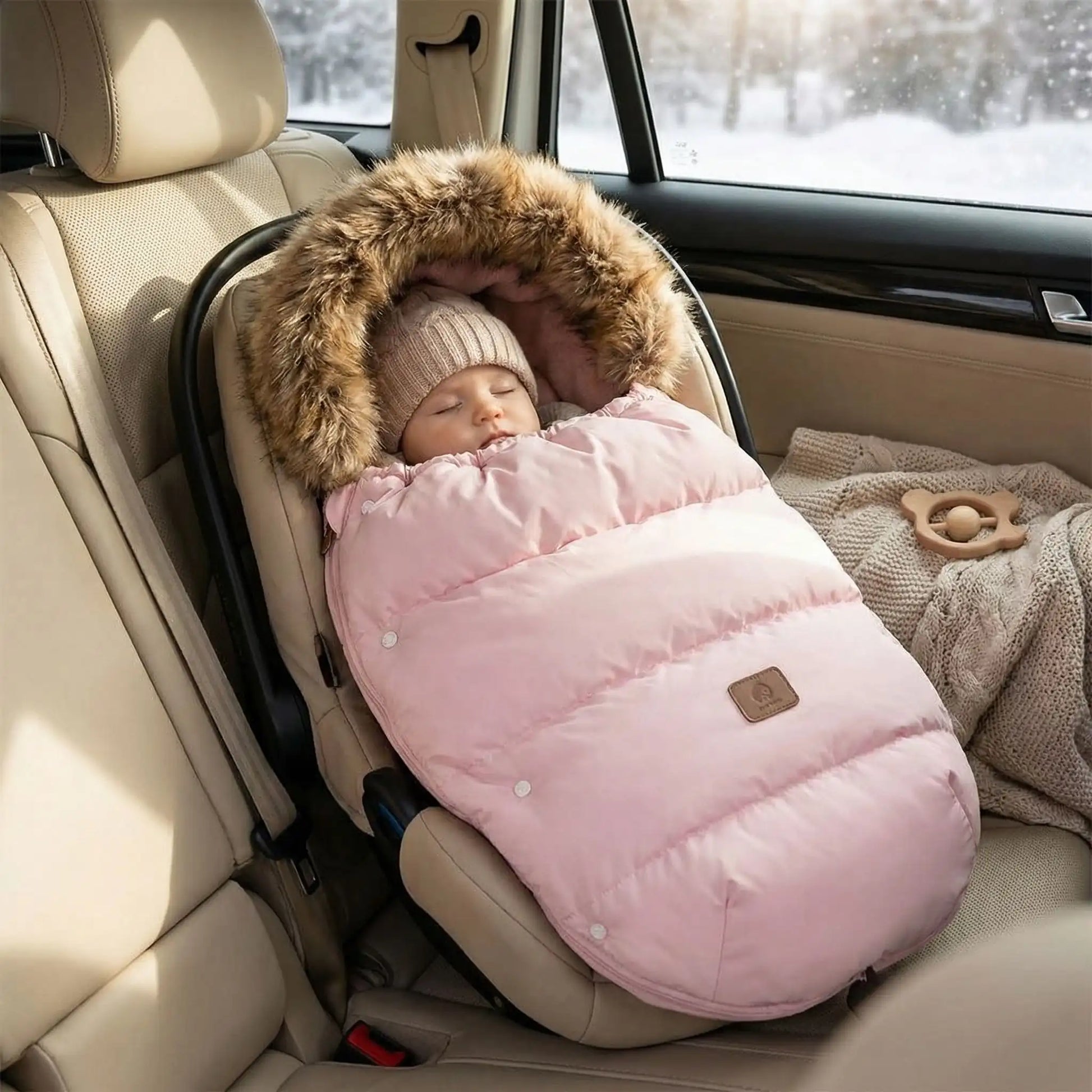 Chancelière poussette rose pour bébé, rembourrée et confortable, parfaite pour l’hiver et les promenades en extérieur.
