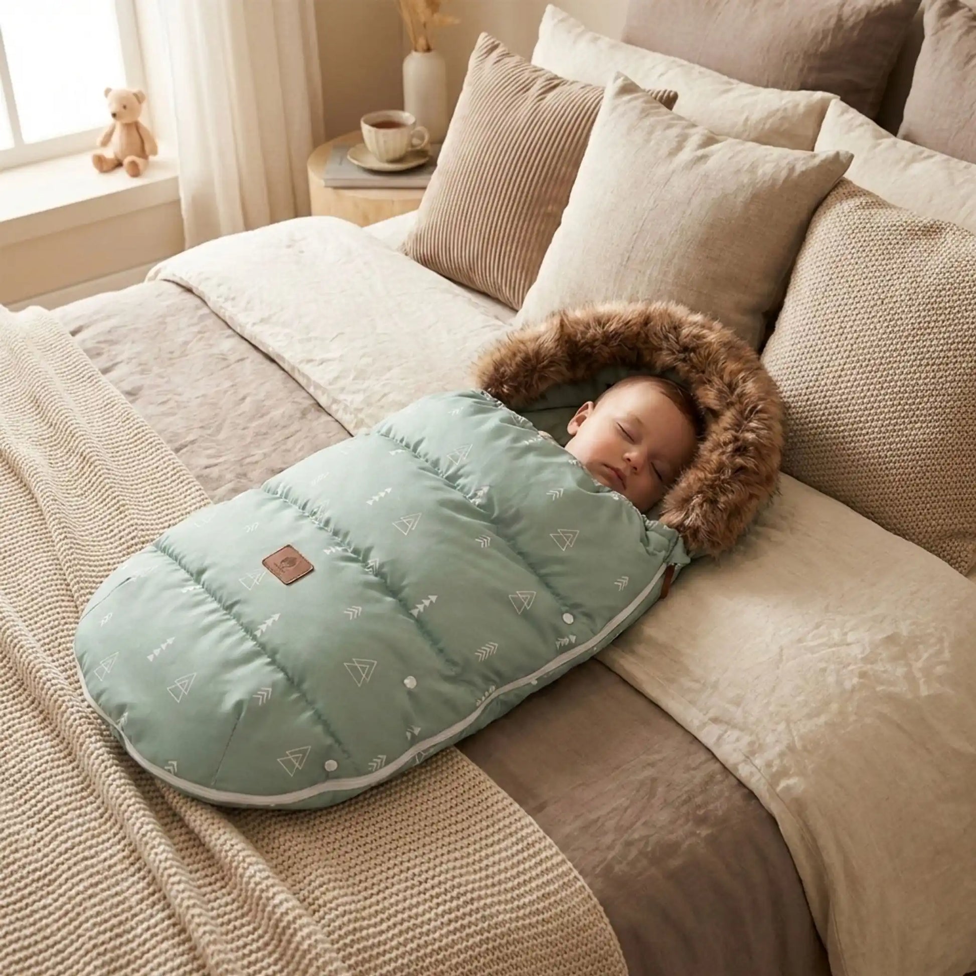 Chancelière poussette vert sauge matelassée, isolante et respirante, adaptée poussette citadine et landau, confort optimal en automne et hiver.