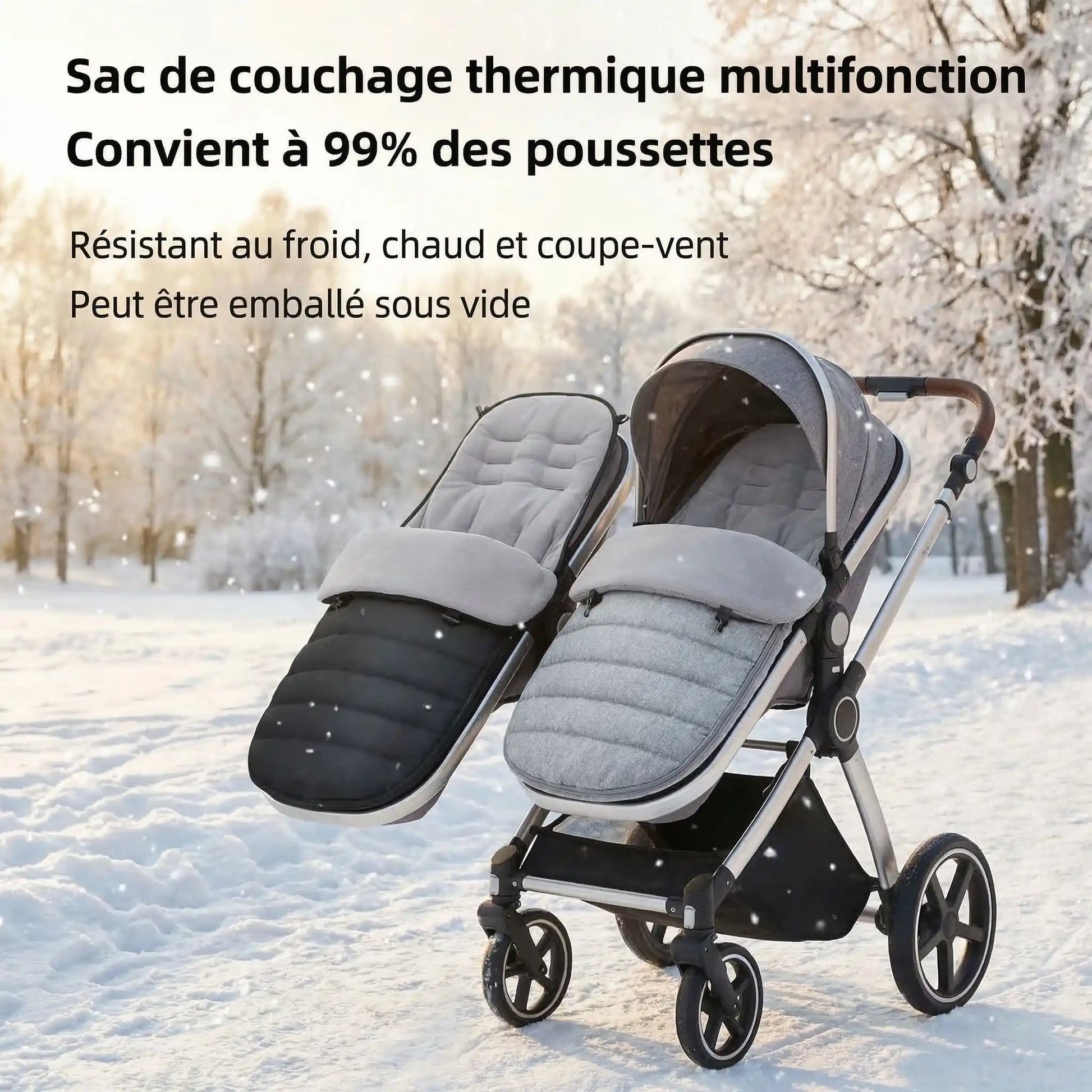 Chancelière universelle pour poussette de couleur gris clair et gris foncé, installé sur une poussette noire dans un paysage enneigé, offrant une protection contre le froid, la chaleur et le vent, compatible avec 99 % des poussettes.