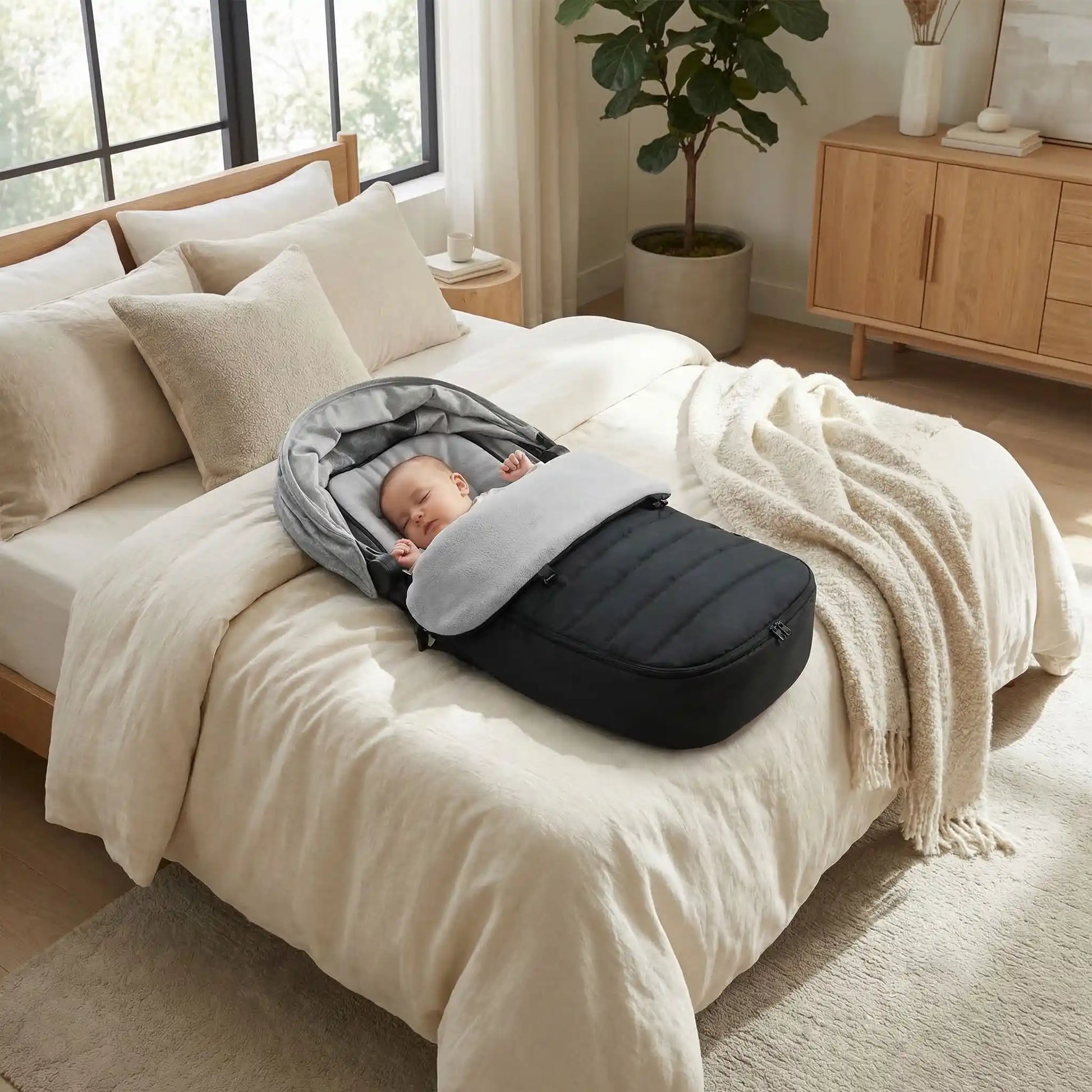Chancelière universelle pour poussette noire pour bébé avec intérieur gris, bébé endormi dans une chambre moderne aux tons beige et bois naturel.
