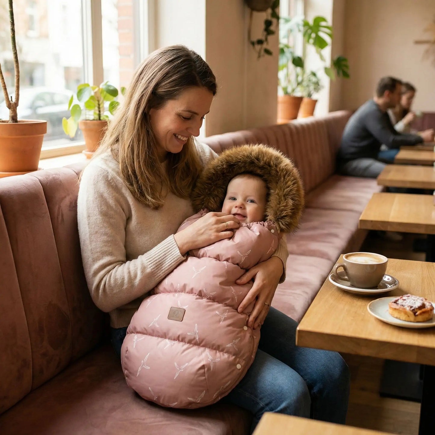 Maman tenant bébé avec chancelière poussette bébé rose poudré pour poussette, modèle hiver chaud et confortable en intérieur.