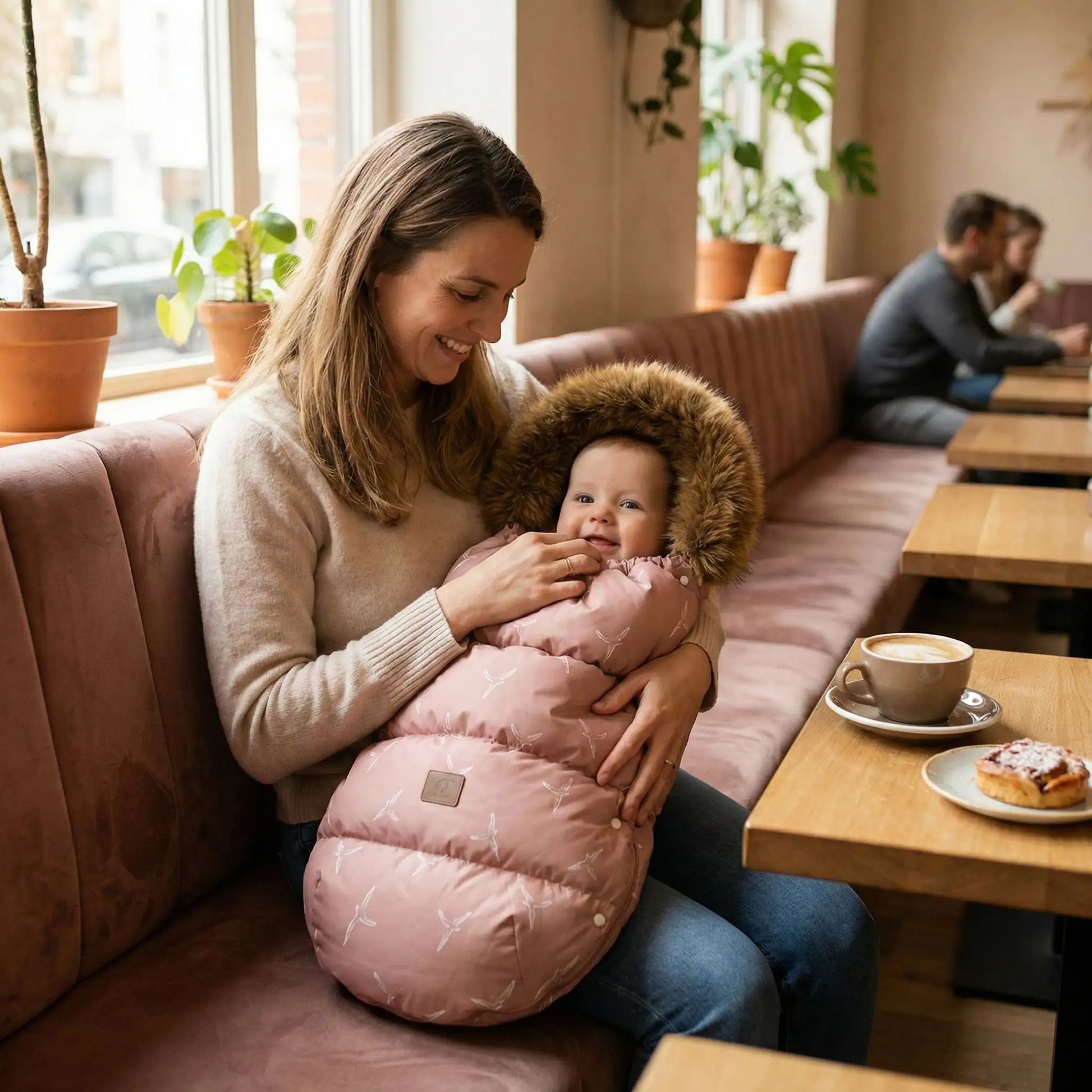 Maman tenant bébé avec chancelière poussette bébé rose poudré pour poussette, modèle hiver chaud et confortable en intérieur.