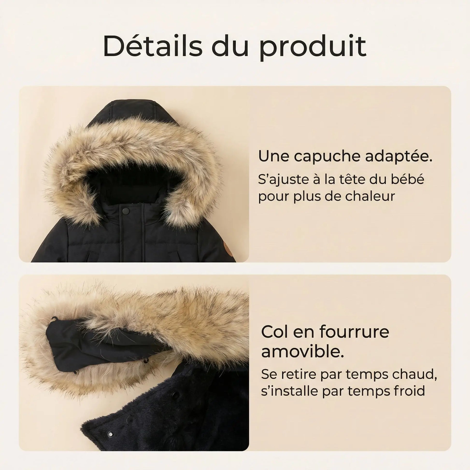 Détails chancelière poussette - Col fourrure synthétique amovible et système de fermeture.