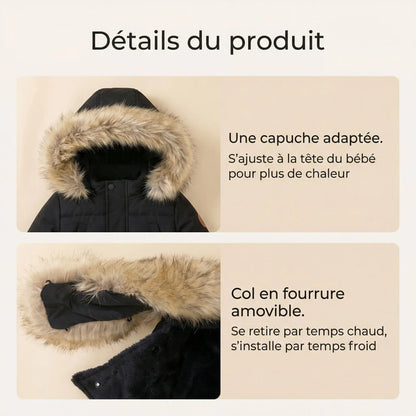 Détails chancelière poussette - Col fourrure synthétique amovible et système de fermeture.