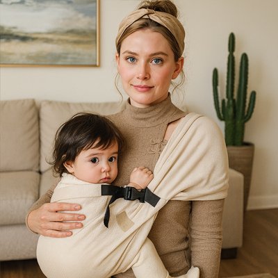 Maman portant son bebe dans une echarpe de portage beige