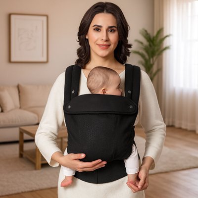 Maman portant un bebe dans un porte-bébé noir.