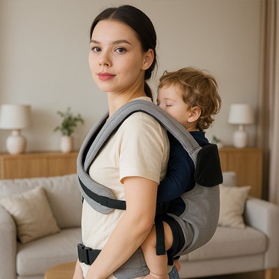 Moment de confort avec un porte-bebe physiologique gris.