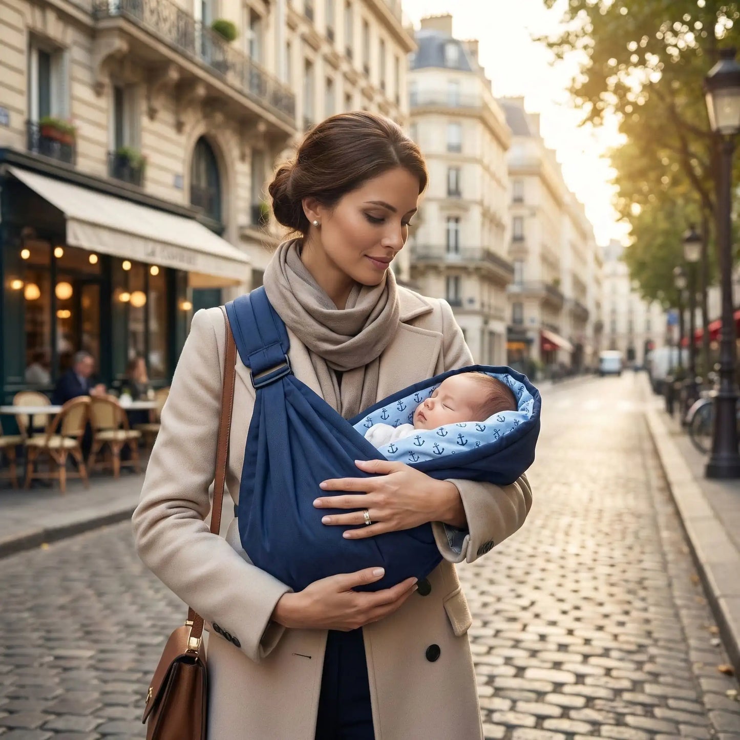 Maman portant un nouveau-né dans un porte-bébé en coton respirant, portage ventral confortable et sécurisé pour bébé dès la naissance.
