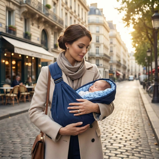 Maman portant un nouveau-né dans un porte-bébé en coton respirant, portage ventral confortable et sécurisé pour bébé dès la naissance.