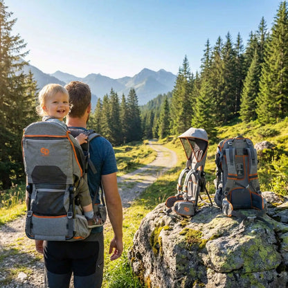 Papa portant bébé dans porte-bébé de randonnée sur sentier alpin.