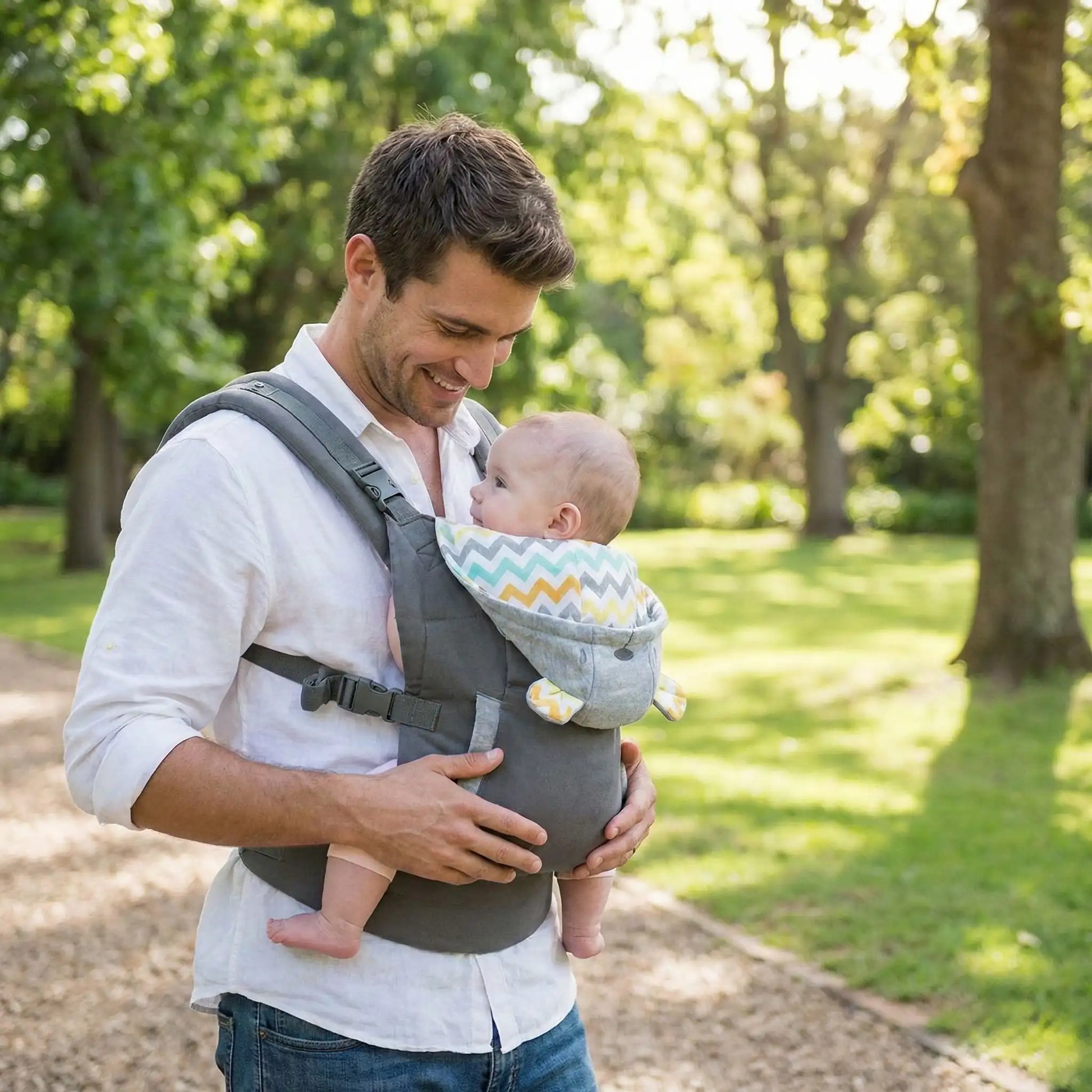 Porte-bébé avec siège de hanche pour tout-petit, portage ventral sécurisé et confortable.