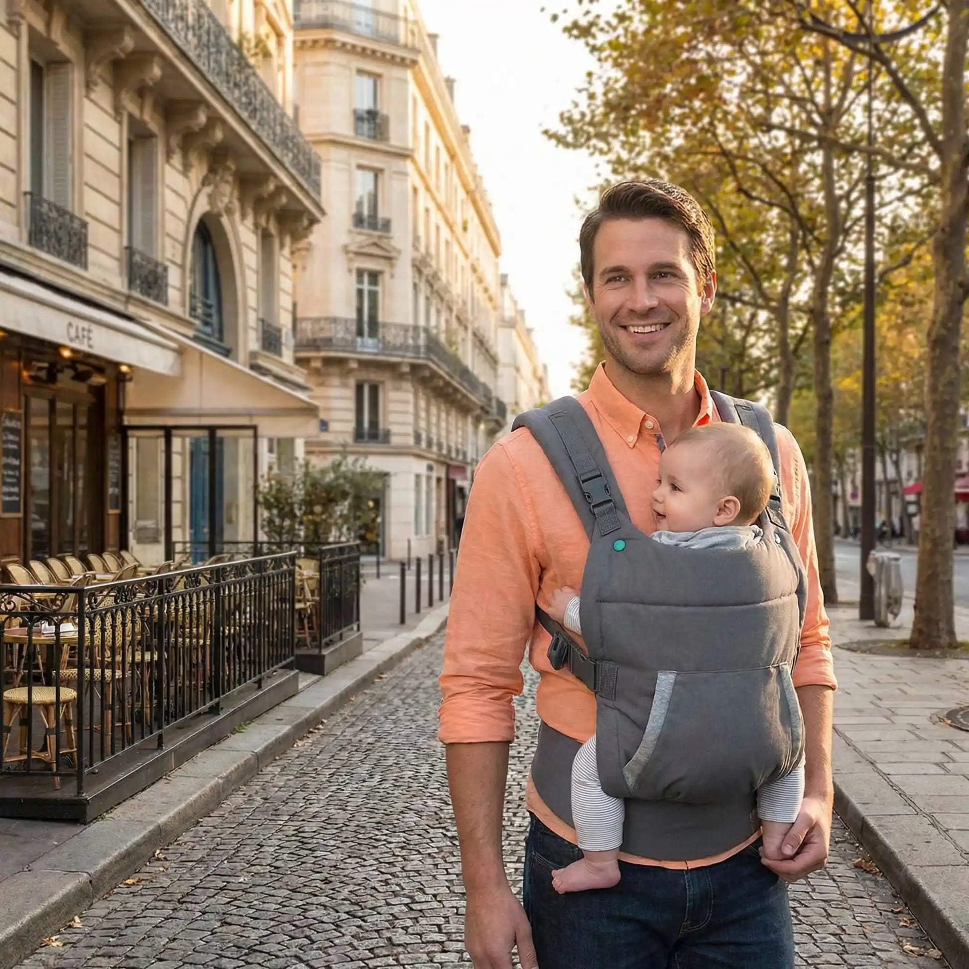 Porte-bébé avec siège de hanche pour nouveau-né, porté à l’avant lors d’une promenade en ville.