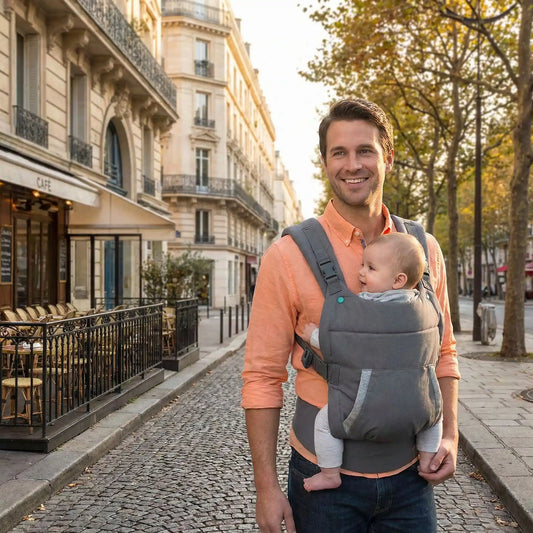 Porte-bébé avec siège de hanche pour nouveau-né, porté à l’avant lors d’une promenade en ville.