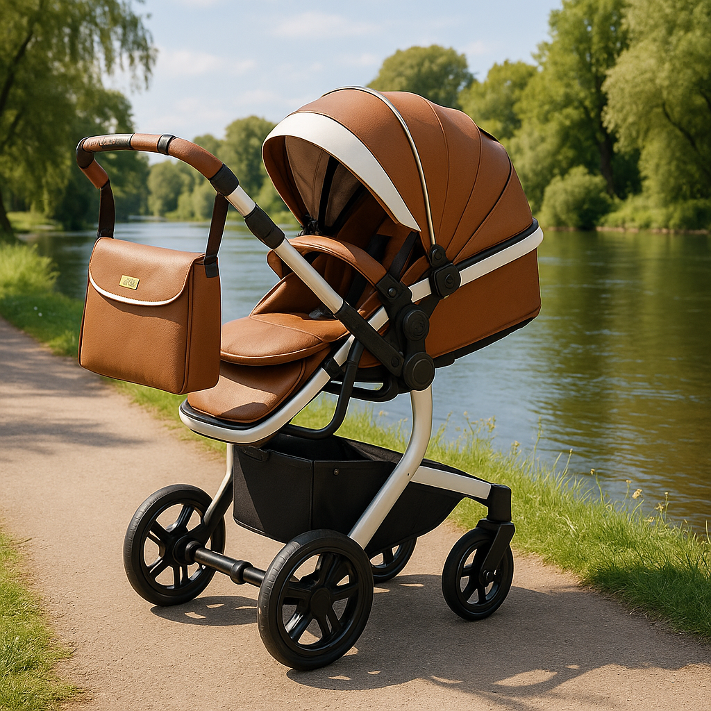 Poussette compacte élégante en cuir caramel avec châssis blanc et noir, idéale pour les promenades au bord de l’eau.