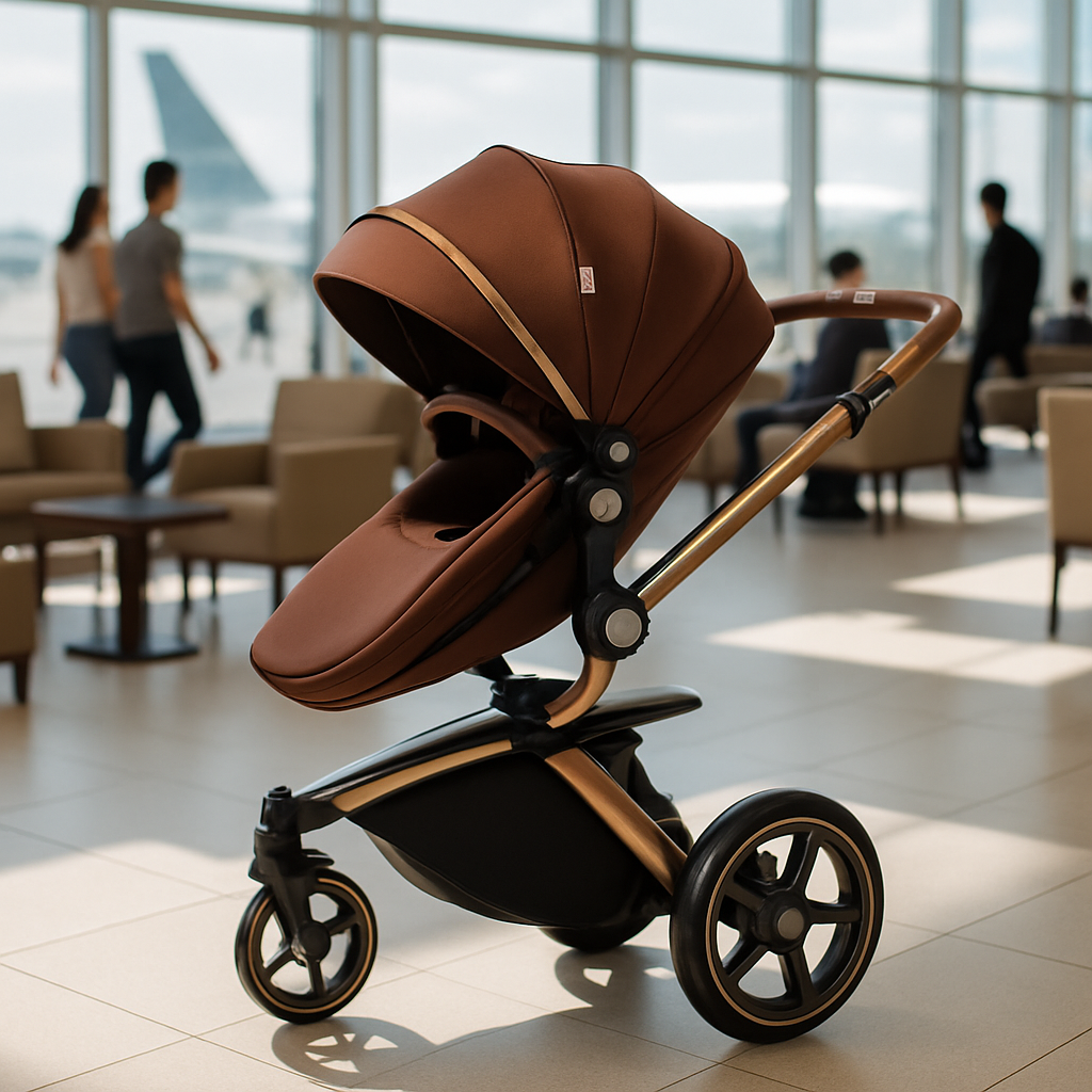 Poussette compacte design brun café avec cadre doré, idéale pour les déplacements en ville et les voyages.