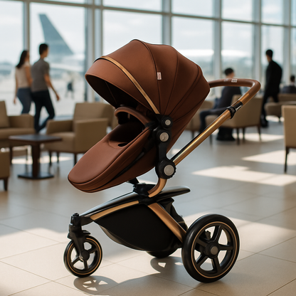 Poussette compacte design brun café avec cadre doré, idéale pour les déplacements en ville et les voyages.
