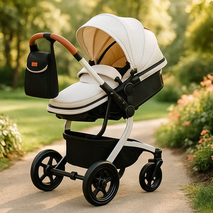 Poussette compacte beige avec châssis noir et guidon en cuir, idéale pour les promenades en plein air.