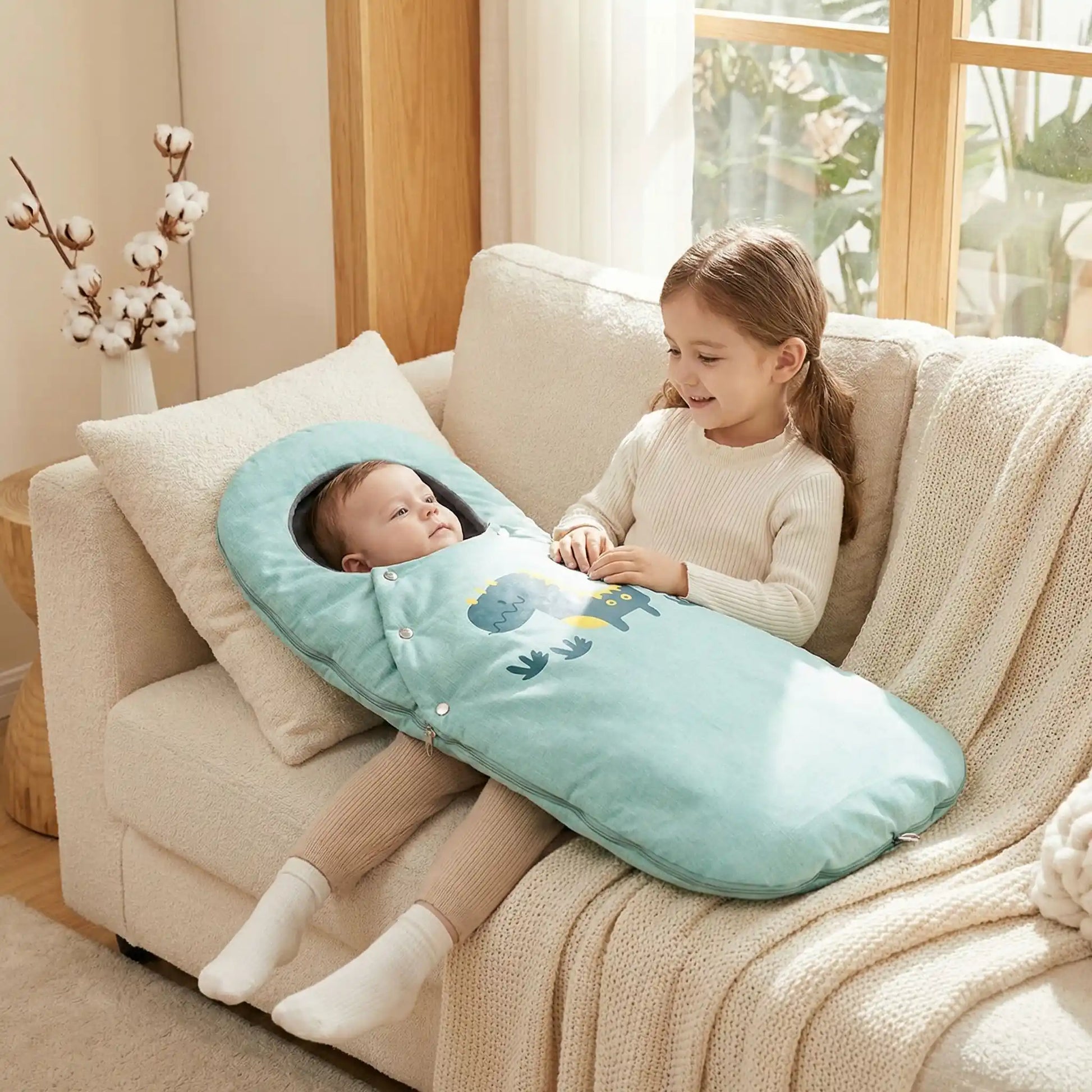 Bébé allongé dans une poussette chancelière coupe-vent bleu-vert avec motif dinosaure, installé sur un canapé beige lumineux, accompagné d’une petite fille souriante dans un salon chaleureux.