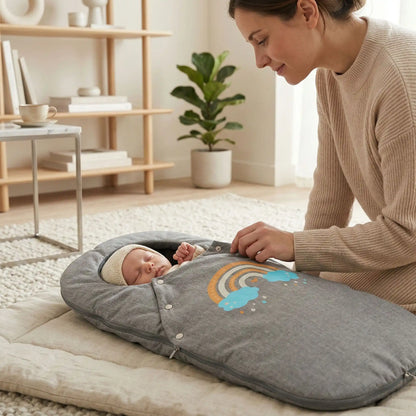 Poussette chancelière grise pour poussette bébé, modèle épais coupe-vent, démontable avec double fermeture éclair et ouvertures pour harnais, adaptée de 0 à 24 mois.