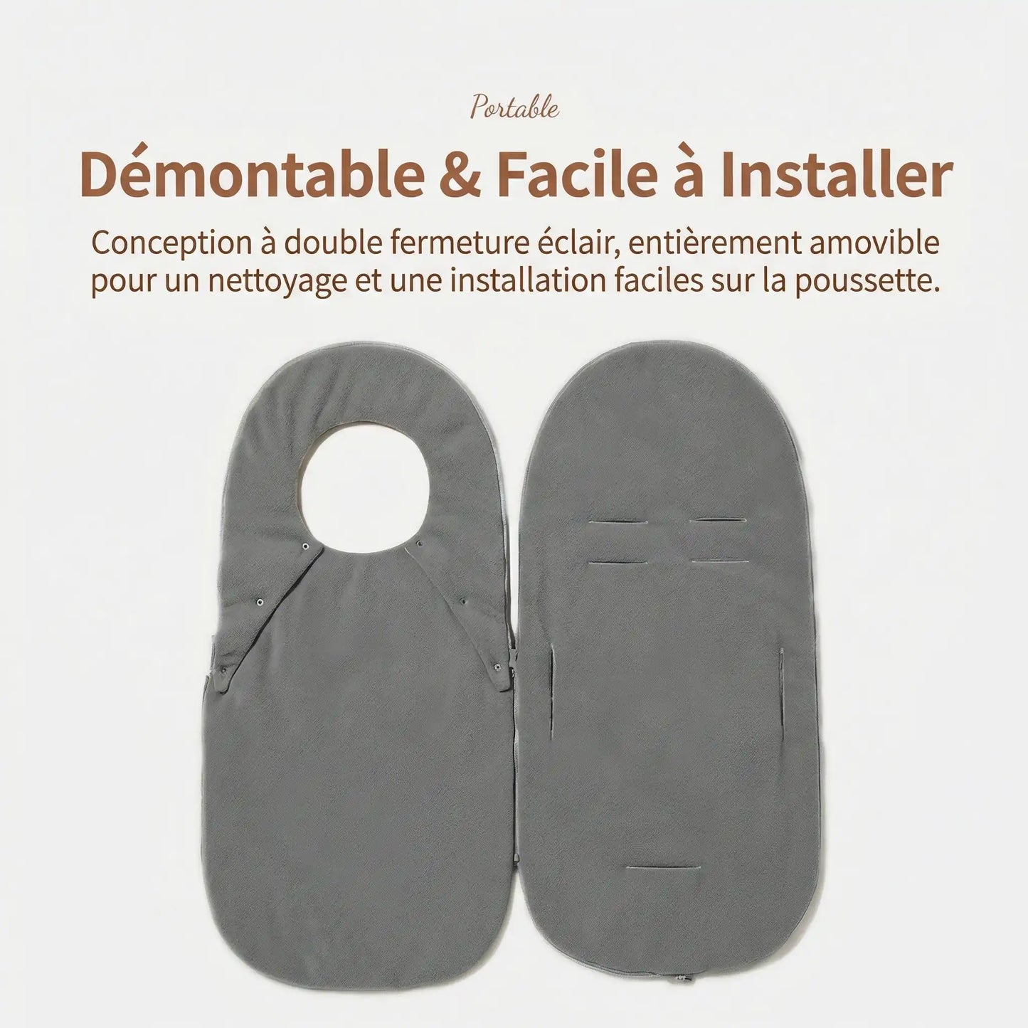 Poussette chancelière coupe vent grise pour poussette bébé, démontable avec double fermeture éclair et fentes pour harnais, facile à installer et à nettoyer.