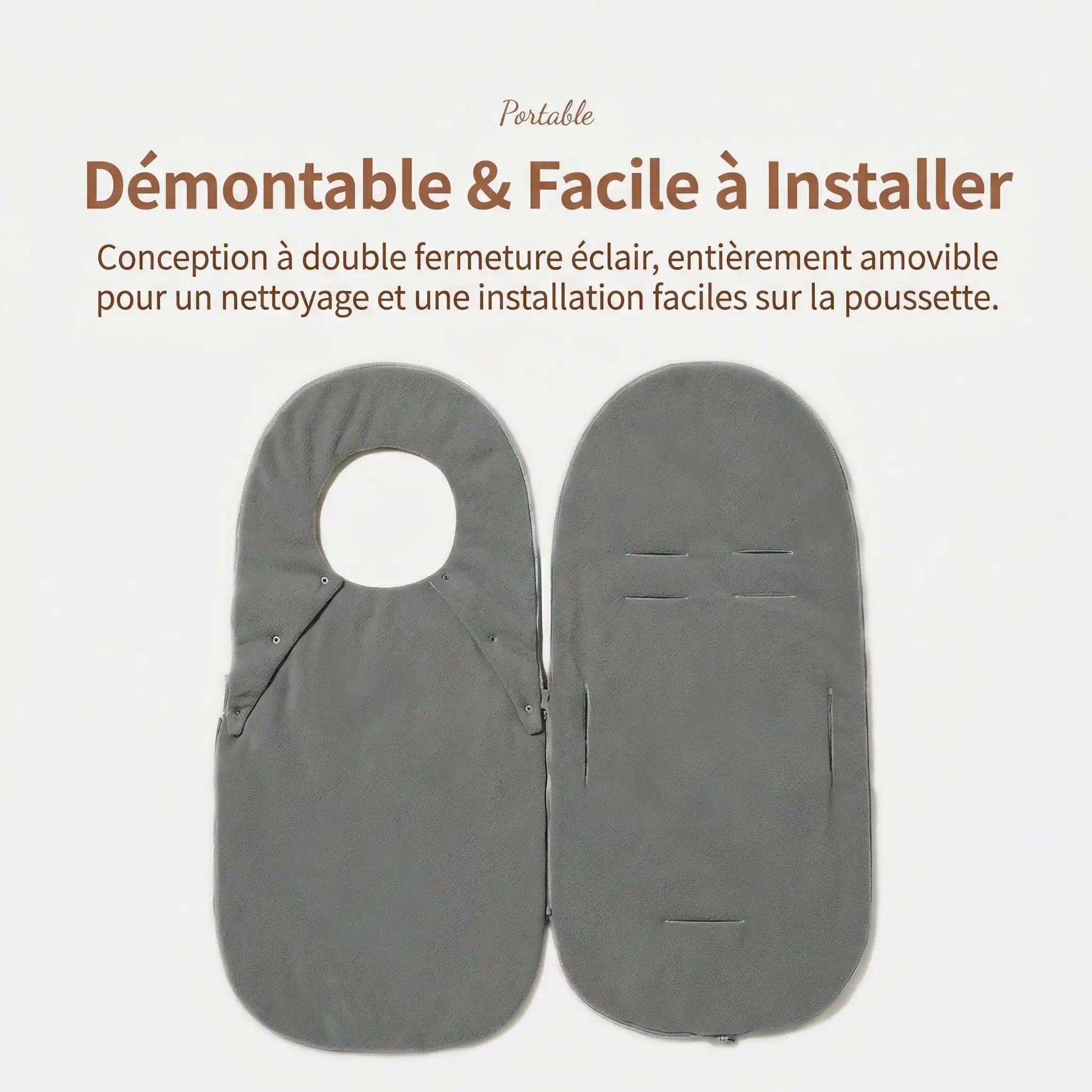 Poussette chancelière coupe vent grise pour poussette bébé, démontable avec double fermeture éclair et fentes pour harnais, facile à installer et à nettoyer.
