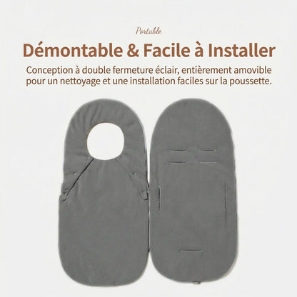 Poussette chancelière coupe vent grise pour poussette bébé, démontable avec double fermeture éclair et fentes pour harnais, facile à installer et à nettoyer.