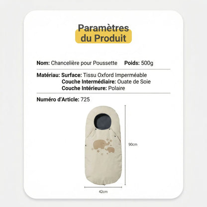 Poussette chancelière coupe-vent de couleur beige, avec doublure chaude et capuche ajustable, conçue pour protéger le nourrisson du froid, du vent et de l’humidité lors des sorties hivernales.