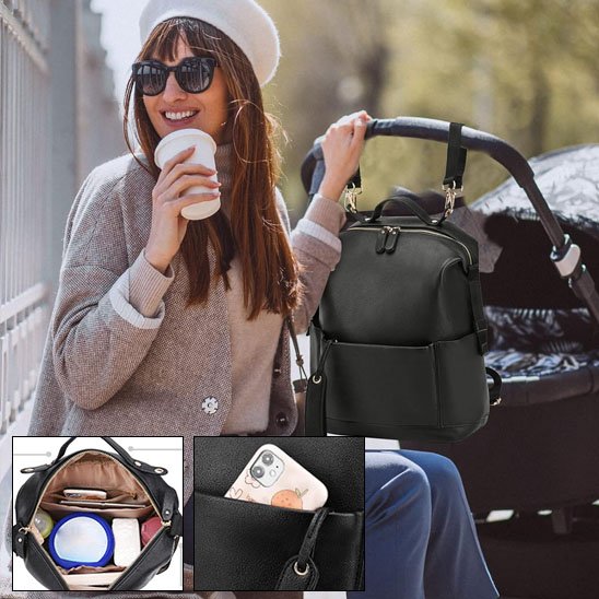 Sac à langer noir accroché à une poussette, pratique et elegant pour les sorties avec bebe.