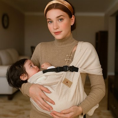 bebe couche dans un echarpe de portage beige