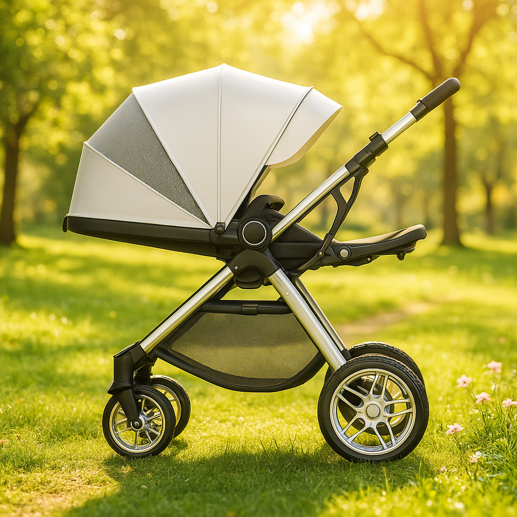 Bébé poussette en beige, avec capote intégral et châssis en aluminium, grandes roues tout-terrain, utilisée dans un parc ensoleillé.