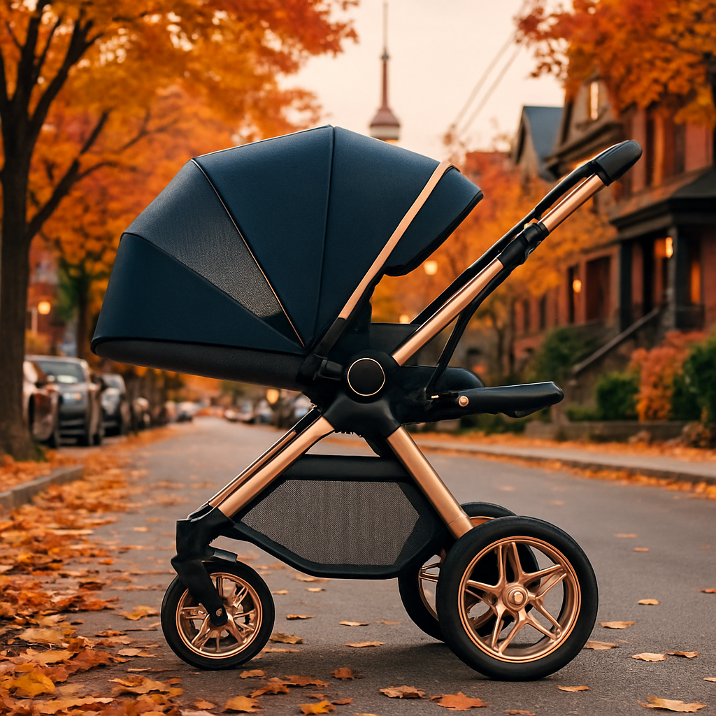 Bébé poussette de luxe en bleu marine et or, design haut de gamme avec grandes roues tout-terrain, utilisée en ville durant l’automne.