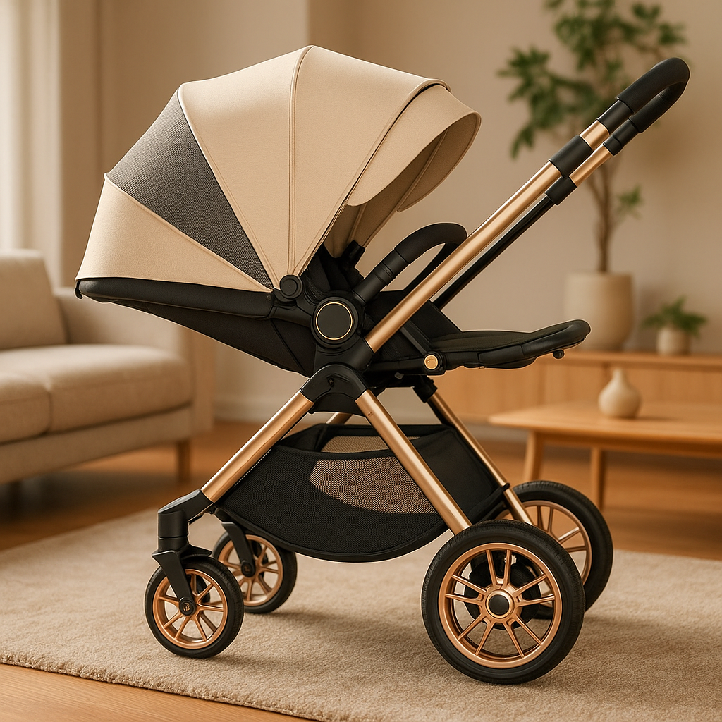 Bébé Poussette haut de gamme avec cadre doré, capote beige et grandes roues, présentée dans un intérieur moderne.