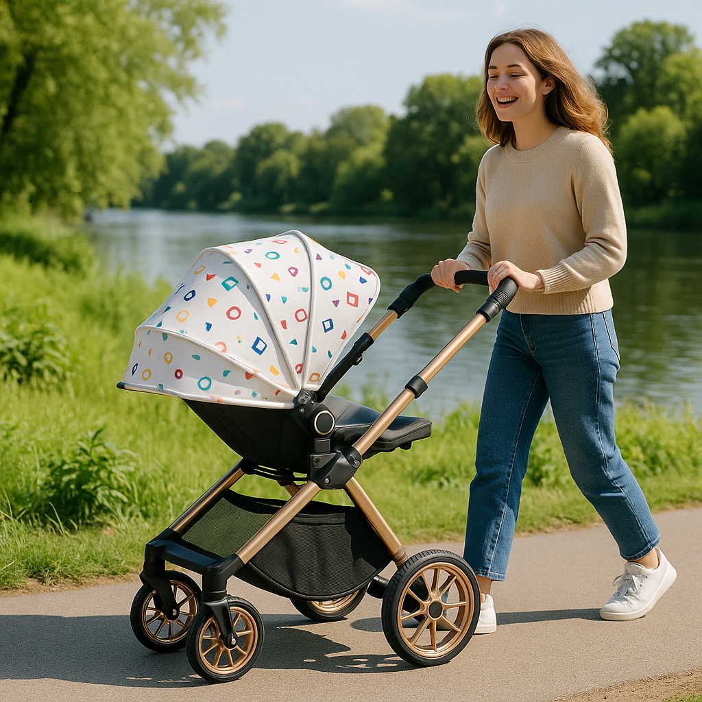 Bébé poussette haut de gamme avec capote à motifs colorés, conduite par une maman en promenade près d’un parc, structure robuste et roues tout-terrain.
