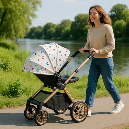 Bébé poussette haut de gamme avec capote à motifs colorés, conduite par une maman en promenade près d’un parc, structure robuste et roues tout-terrain.