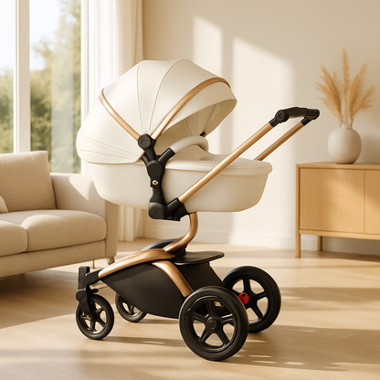 poussette compacte crème avec châssis doré dans un salon lumineux.